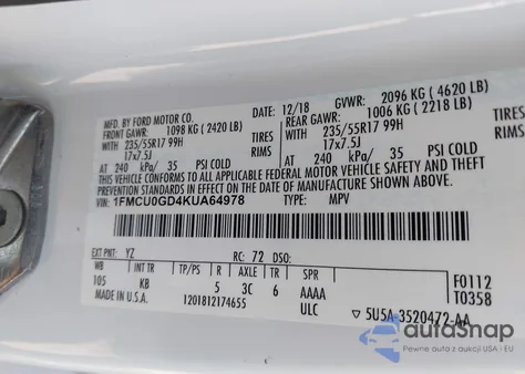 2019 Ford Escape Se из США, поврежденный, VIN 1FMCU0GD4KUA64978